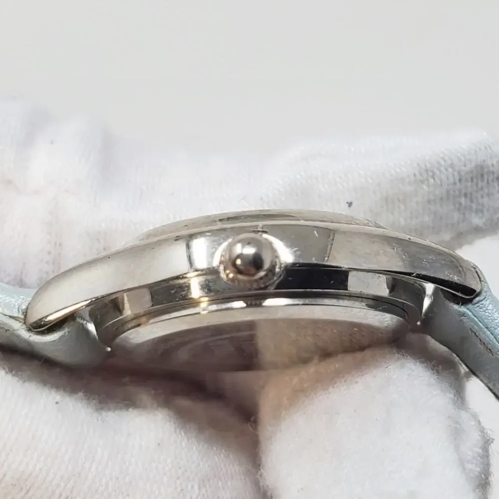 Disney Tinker Bell Round Silver Analog Watch Blue Leather Band Women's